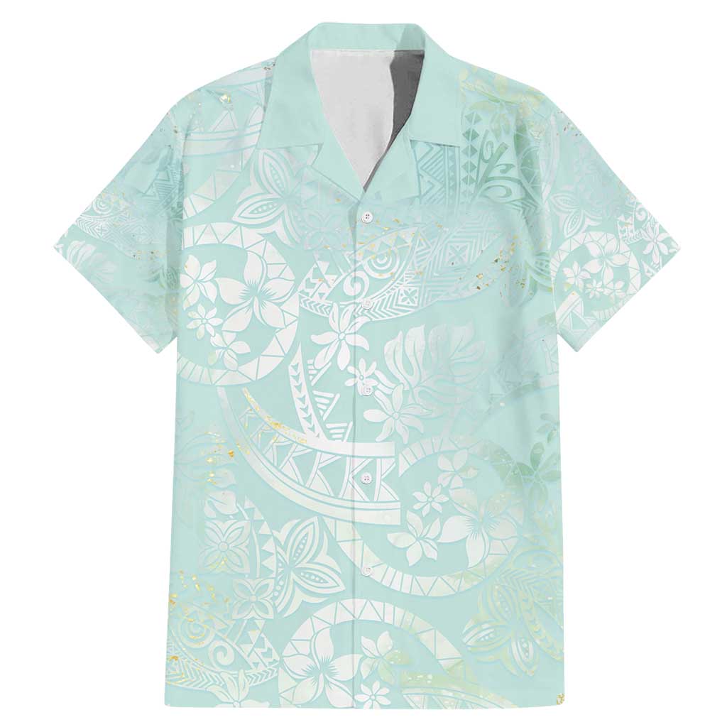 Polynesian Tiare Monstera Seafoam Green Family Matching Mermaid Dress and Hawaiian Shirt Liquid Style LT01 Dad's Shirt - Short Sleeve Green - Polynesian Pride