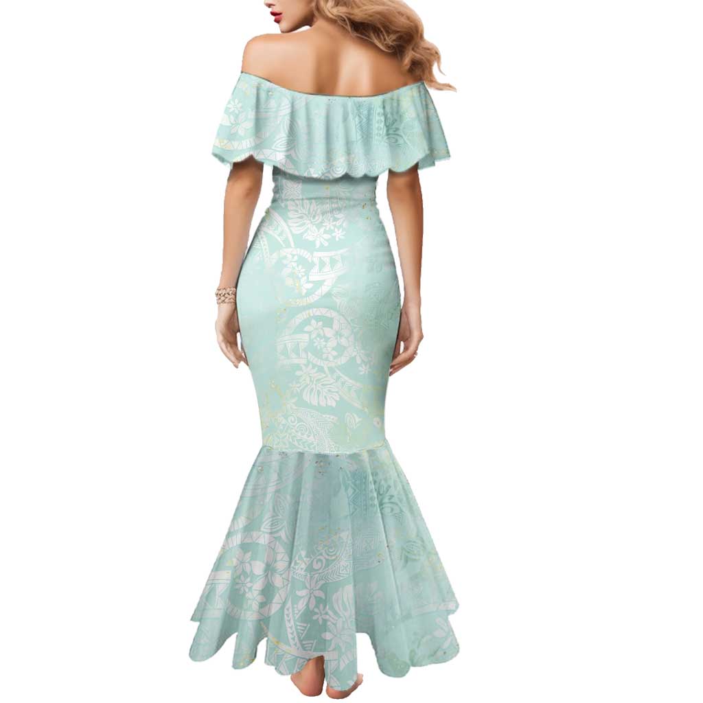 Polynesian Tiare Monstera Seafoam Green Family Matching Mermaid Dress and Hawaiian Shirt Liquid Style LT01 - Polynesian Pride