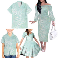 Polynesian Tiare Monstera Seafoam Green Family Matching Off The Shoulder Long Sleeve Dress and Hawaiian Shirt Liquid Style LT01 - Polynesian Pride