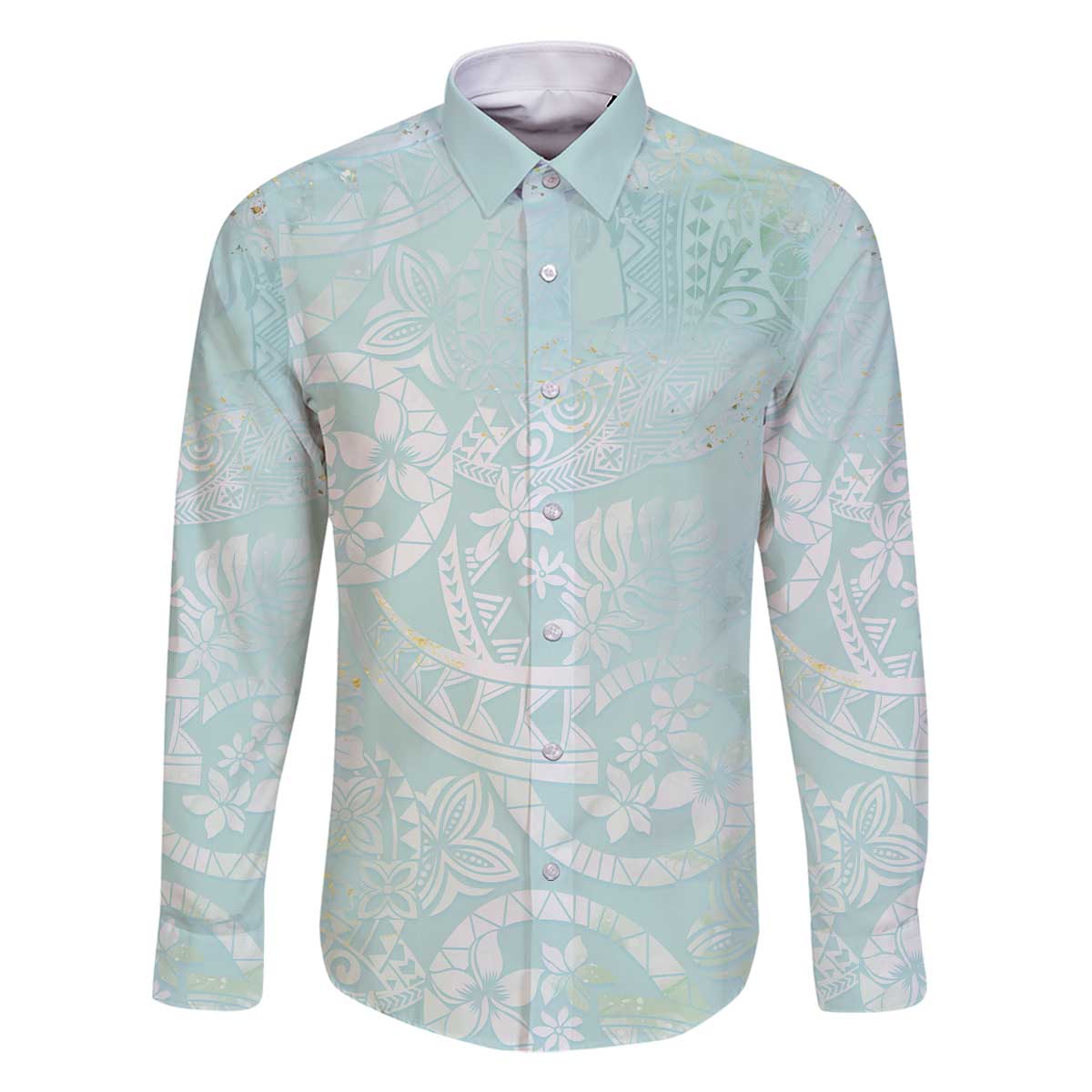 Polynesian Tiare Monstera Seafoam Green Family Matching Off The Shoulder Long Sleeve Dress and Hawaiian Shirt Liquid Style LT01 Dad's Shirt - Long Sleeve Green - Polynesian Pride