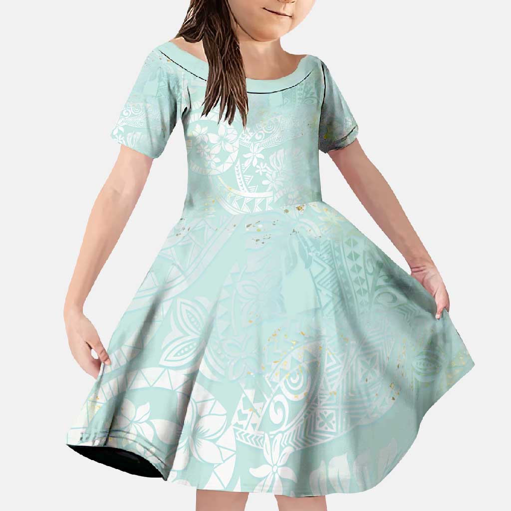 Polynesian Tiare Monstera Seafoam Green Family Matching Off Shoulder Maxi Dress and Hawaiian Shirt Liquid Style - Polynesian Pride