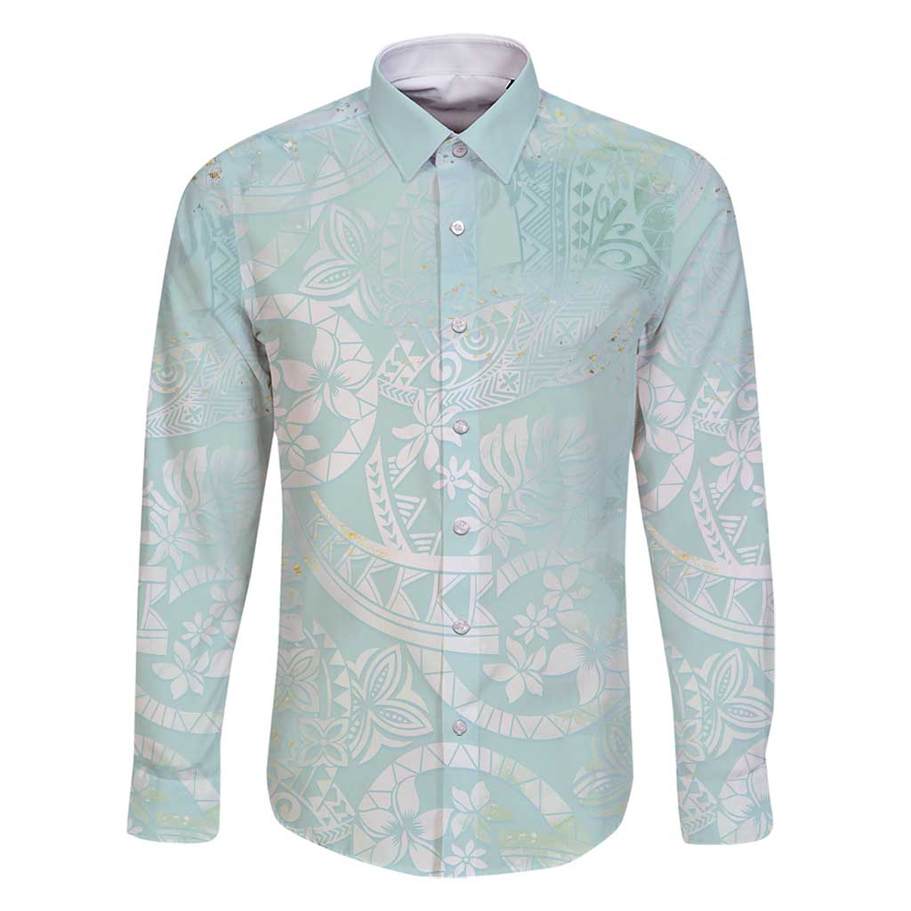 Polynesian Tiare Monstera Seafoam Green Family Matching Off Shoulder Maxi Dress and Hawaiian Shirt Liquid Style - Polynesian Pride
