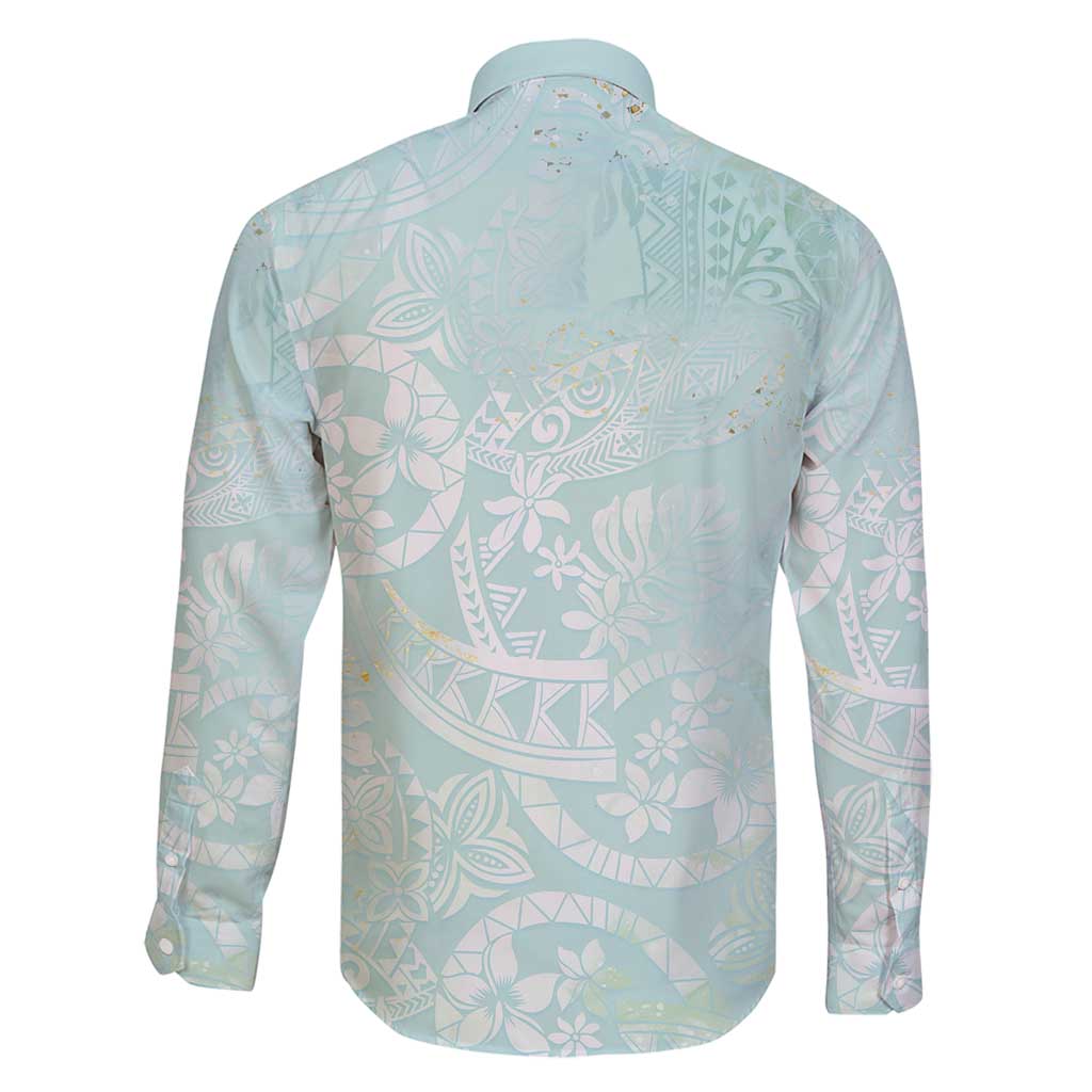Polynesian Tiare Monstera Seafoam Green Family Matching Off Shoulder Maxi Dress and Hawaiian Shirt Liquid Style - Polynesian Pride
