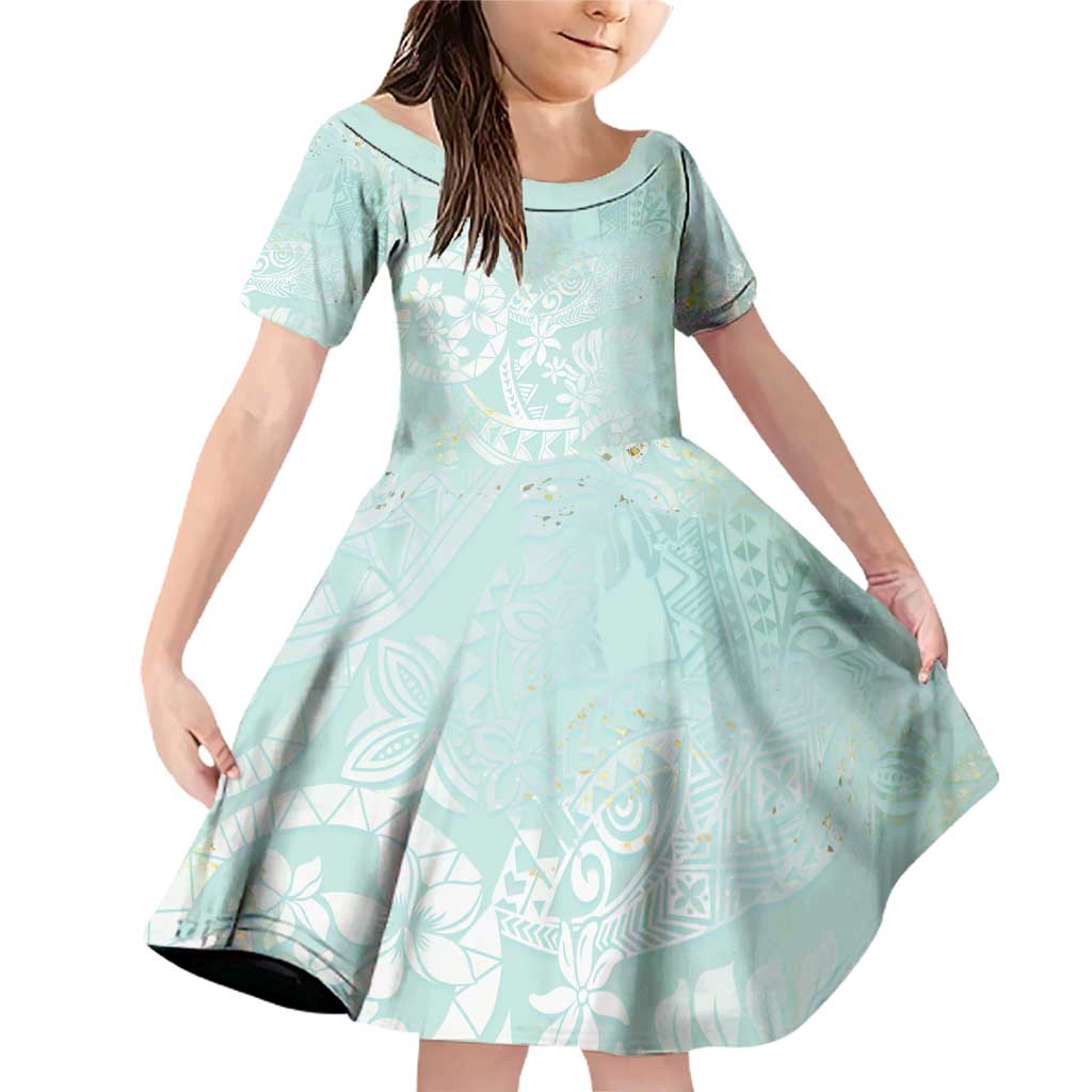 Polynesian Tiare Monstera Seafoam Green Family Matching Off Shoulder Short Dress and Hawaiian Shirt Liquid Style LT01 Daughter's Dress Green - Polynesian Pride