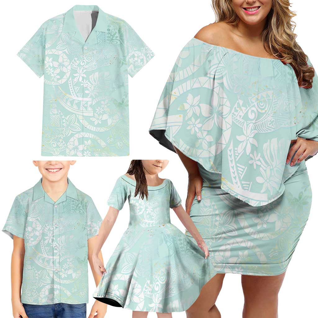 Polynesian Tiare Monstera Seafoam Green Family Matching Off Shoulder Short Dress and Hawaiian Shirt Liquid Style LT01 - Polynesian Pride
