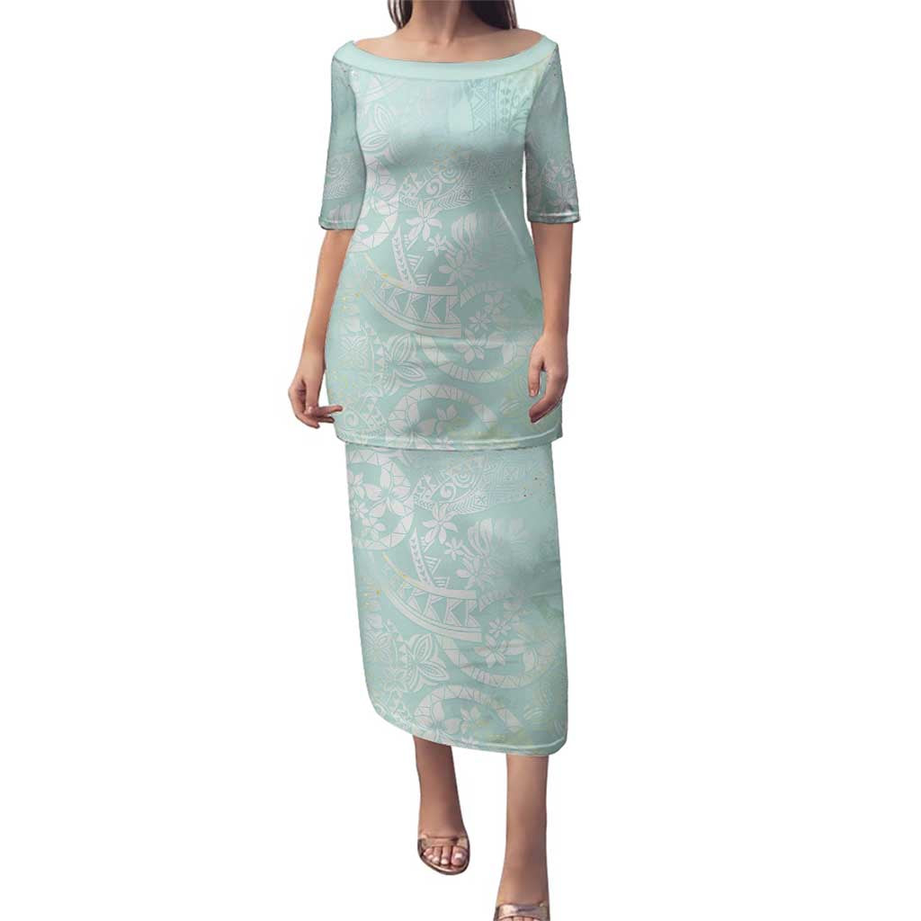 Polynesian Tiare Monstera Seafoam Green Family Matching Puletasi and Hawaiian Shirt Liquid Style - Polynesian Pride