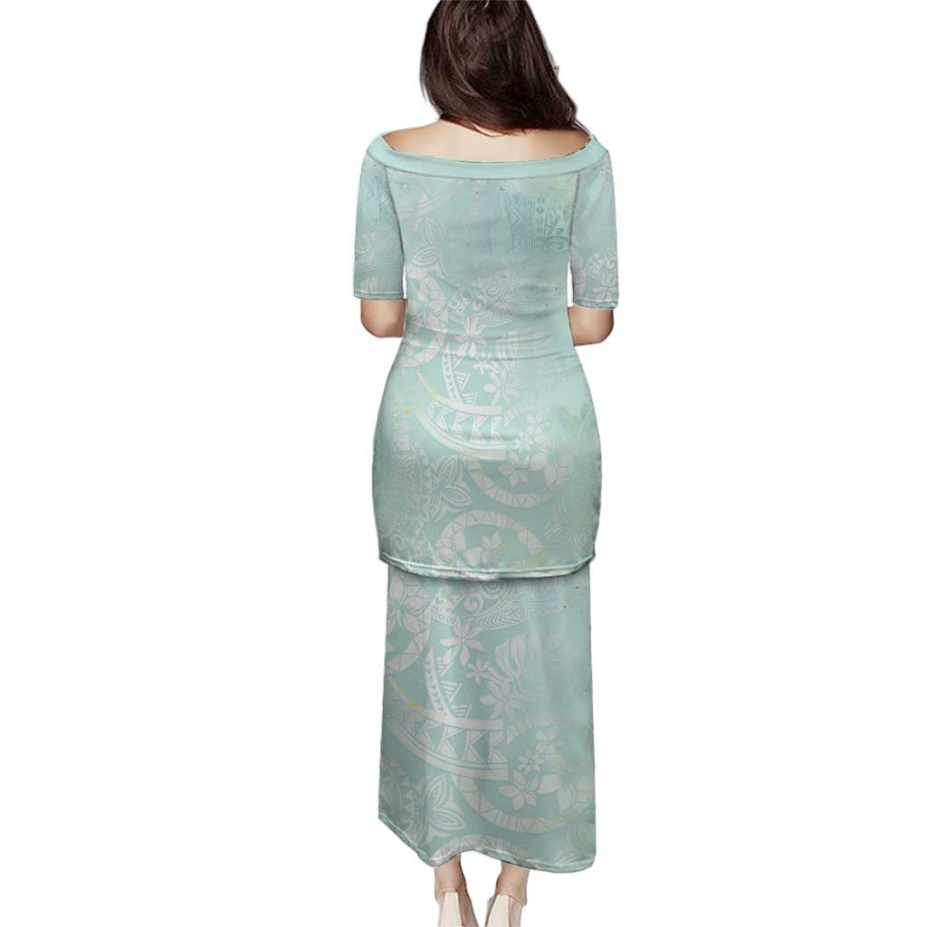 Polynesian Tiare Monstera Seafoam Green Family Matching Puletasi and Hawaiian Shirt Liquid Style - Polynesian Pride