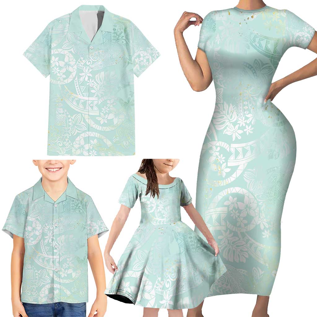 Polynesian Tiare Monstera Seafoam Green Family Matching Short Sleeve Bodycon Dress and Hawaiian Shirt Liquid Style LT01 - Polynesian Pride