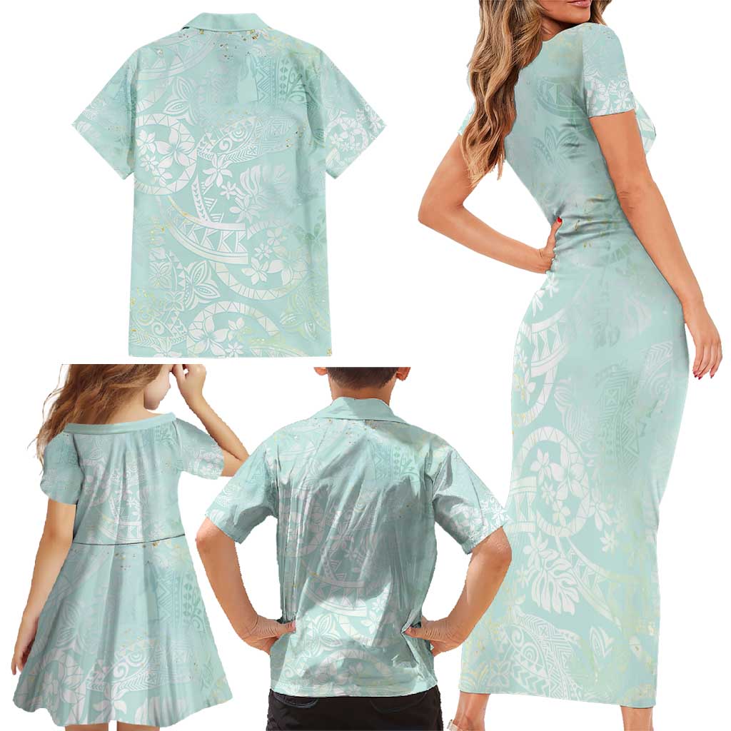 Polynesian Tiare Monstera Seafoam Green Family Matching Short Sleeve Bodycon Dress and Hawaiian Shirt Liquid Style LT01 - Polynesian Pride