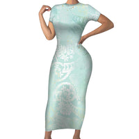 Polynesian Tiare Monstera Seafoam Green Family Matching Short Sleeve Bodycon Dress and Hawaiian Shirt Liquid Style LT01 Mom's Dress Green - Polynesian Pride