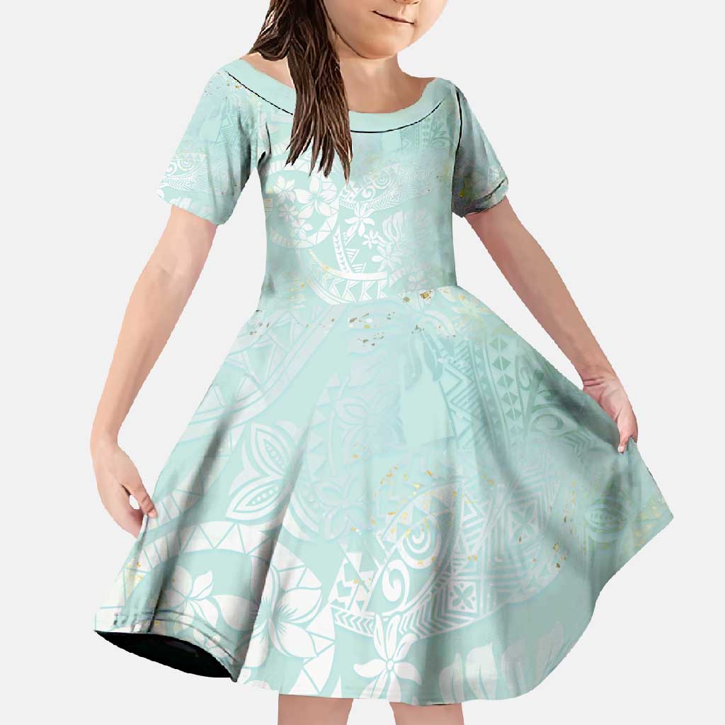 Polynesian Tiare Monstera Seafoam Green Family Matching Summer Maxi Dress and Hawaiian Shirt Liquid Style LT01 Daughter's Dress Green - Polynesian Pride