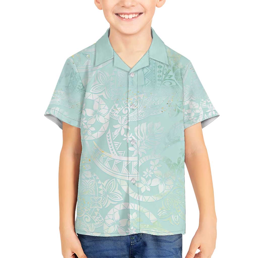 Polynesian Tiare Monstera Seafoam Green Family Matching Tank Maxi Dress and Hawaiian Shirt Liquid Style LT01 Son's Shirt Green - Polynesian Pride