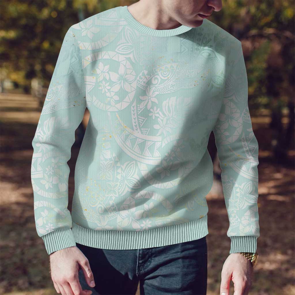 Polynesian Tiare Monstera Seafoam Green Ugly Christmas Sweater Liquid Style - Polynesian Pride