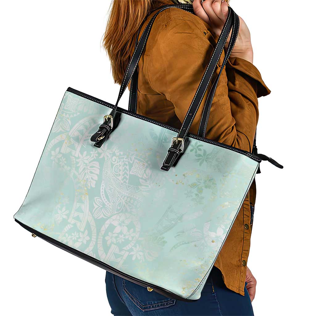 Polynesian Tiare Monstera Seafoam Green Leather Tote Bag Liquid Style - Polynesian Pride