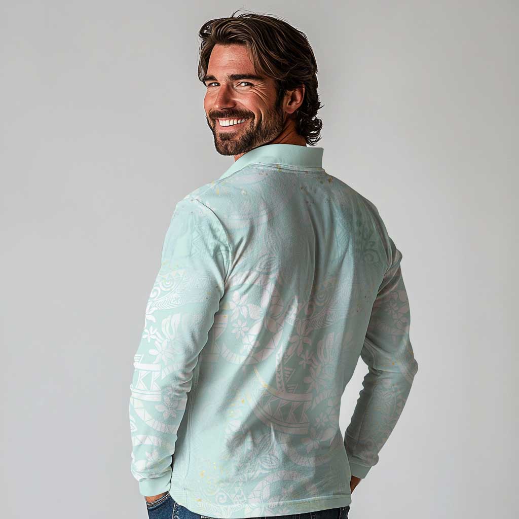 Polynesian Tiare Monstera Seafoam Green Long Sleeve Polo Shirt Liquid Style LT01 - Polynesian Pride