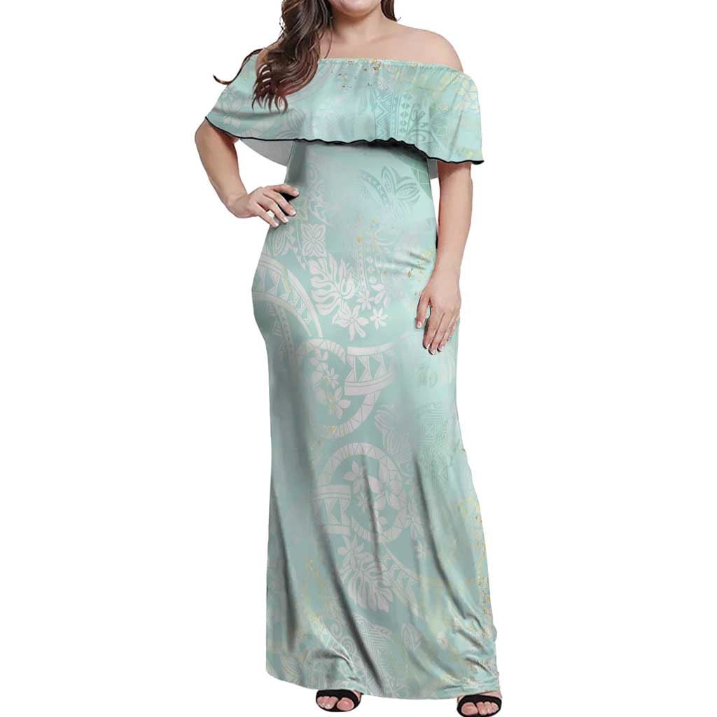 Polynesian Tiare Monstera Seafoam Green Off Shoulder Maxi Dress Liquid Style LT01 Women Green - Polynesian Pride