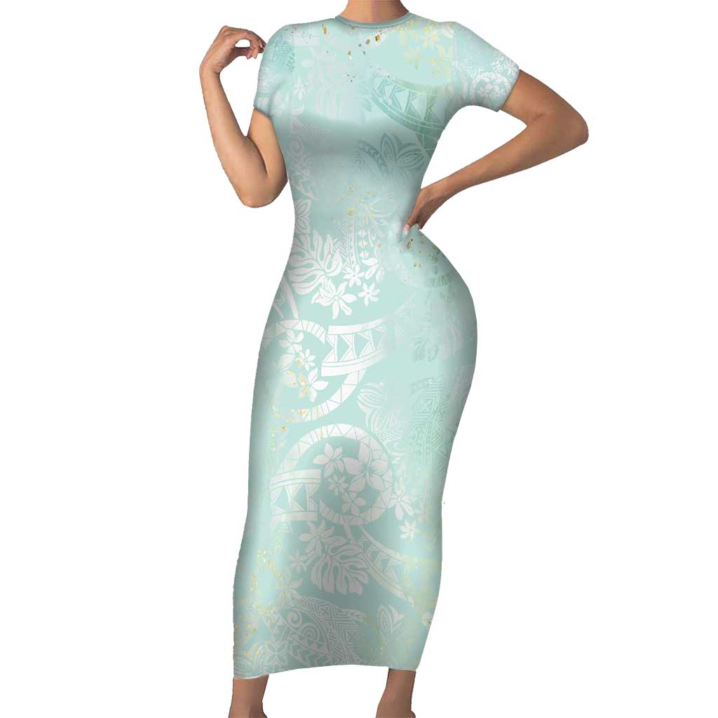 Polynesian Tiare Monstera Seafoam Green Short Sleeve Bodycon Dress Liquid Style LT01 Long Dress Green - Polynesian Pride