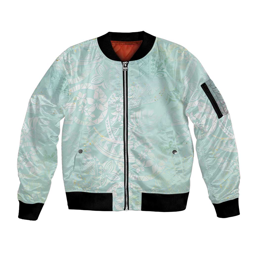 Polynesian Tiare Monstera Seafoam Green Sleeve Zip Bomber Jacket Liquid Style LT01 Unisex Green - Polynesian Pride