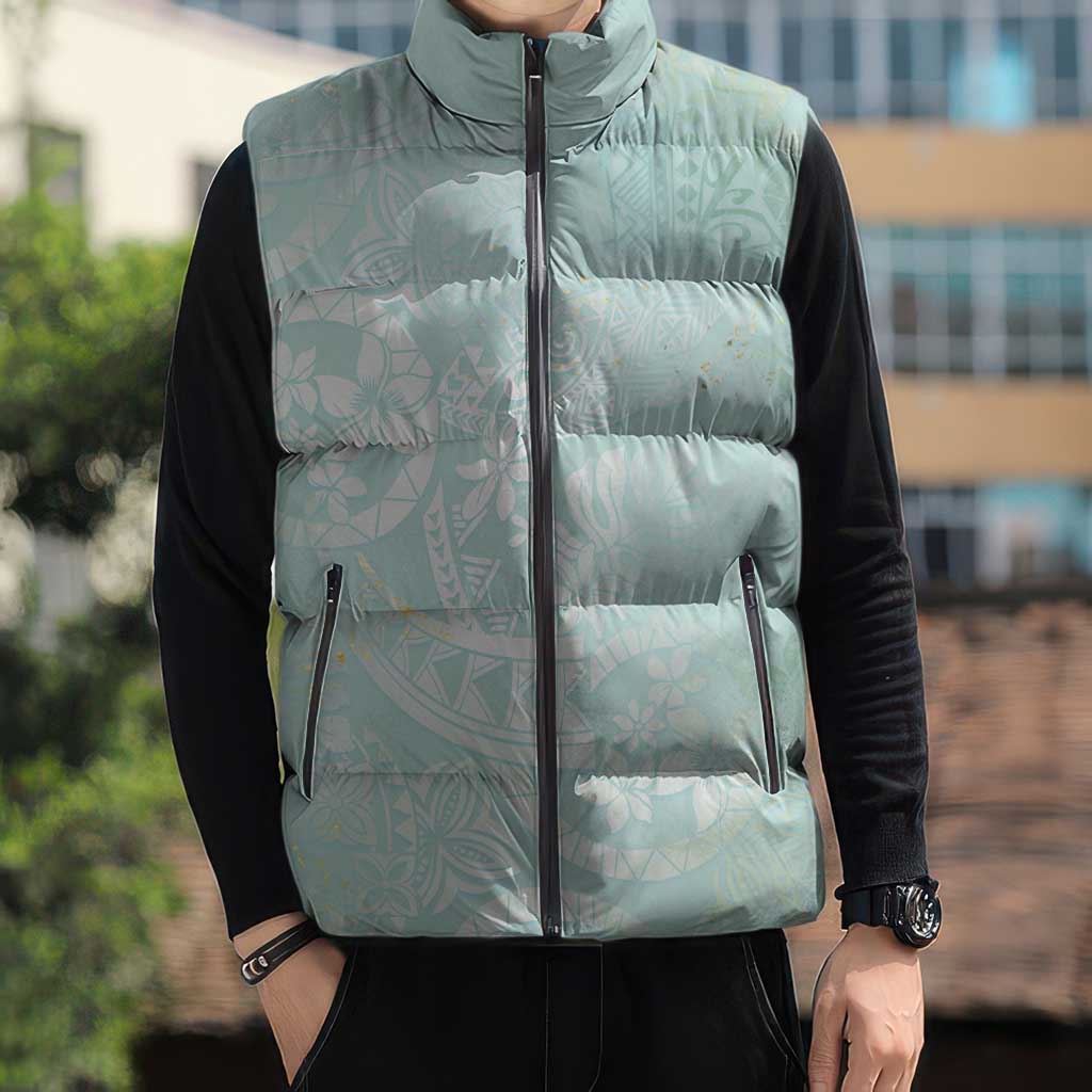 Polynesian Tiare Monstera Seafoam Green Sleeveless Puffer Jacket Liquid Style - Polynesian Pride