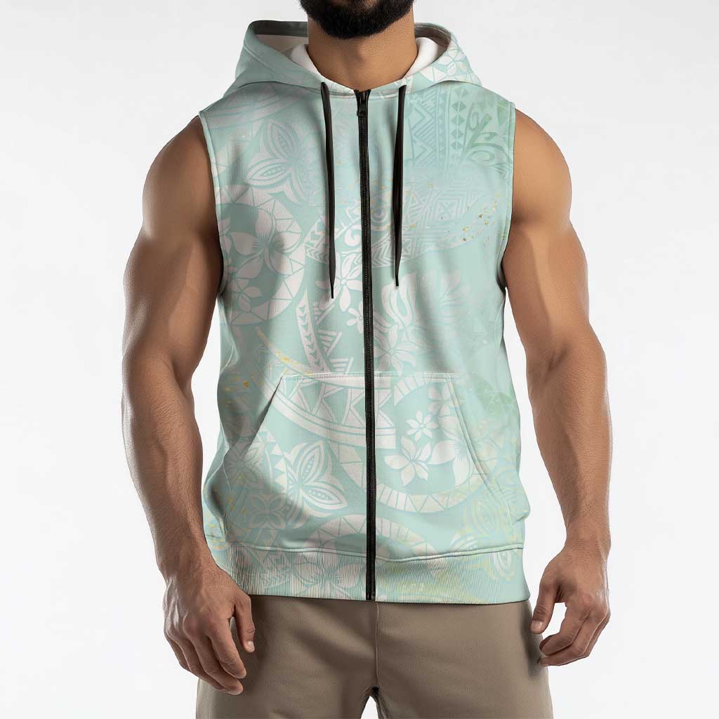 Polynesian Tiare Monstera Seafoam Green Sleeveless Zip Hoodie Liquid Style LT01 - Polynesian Pride