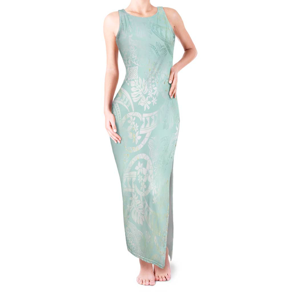 Polynesian Tiare Monstera Seafoam Green Tank Maxi Dress Liquid Style LT01 Women Green - Polynesian Pride
