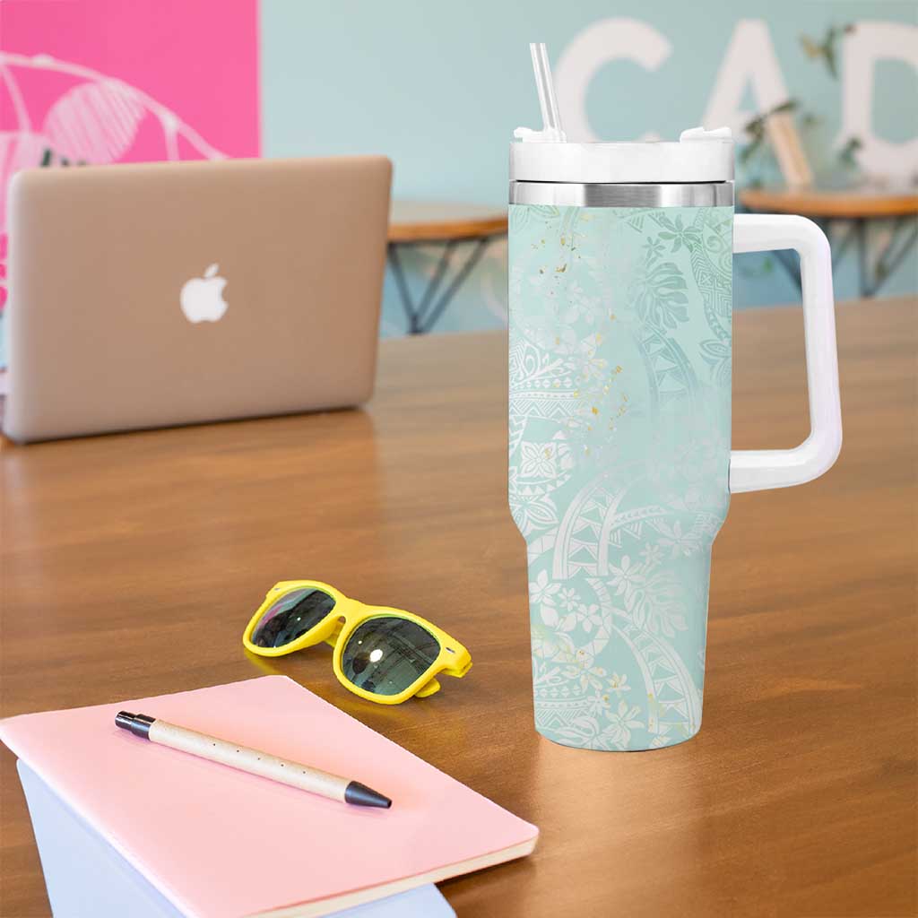 Polynesian Tiare Monstera Seafoam Green Tumbler With Handle Liquid Style - Polynesian Pride