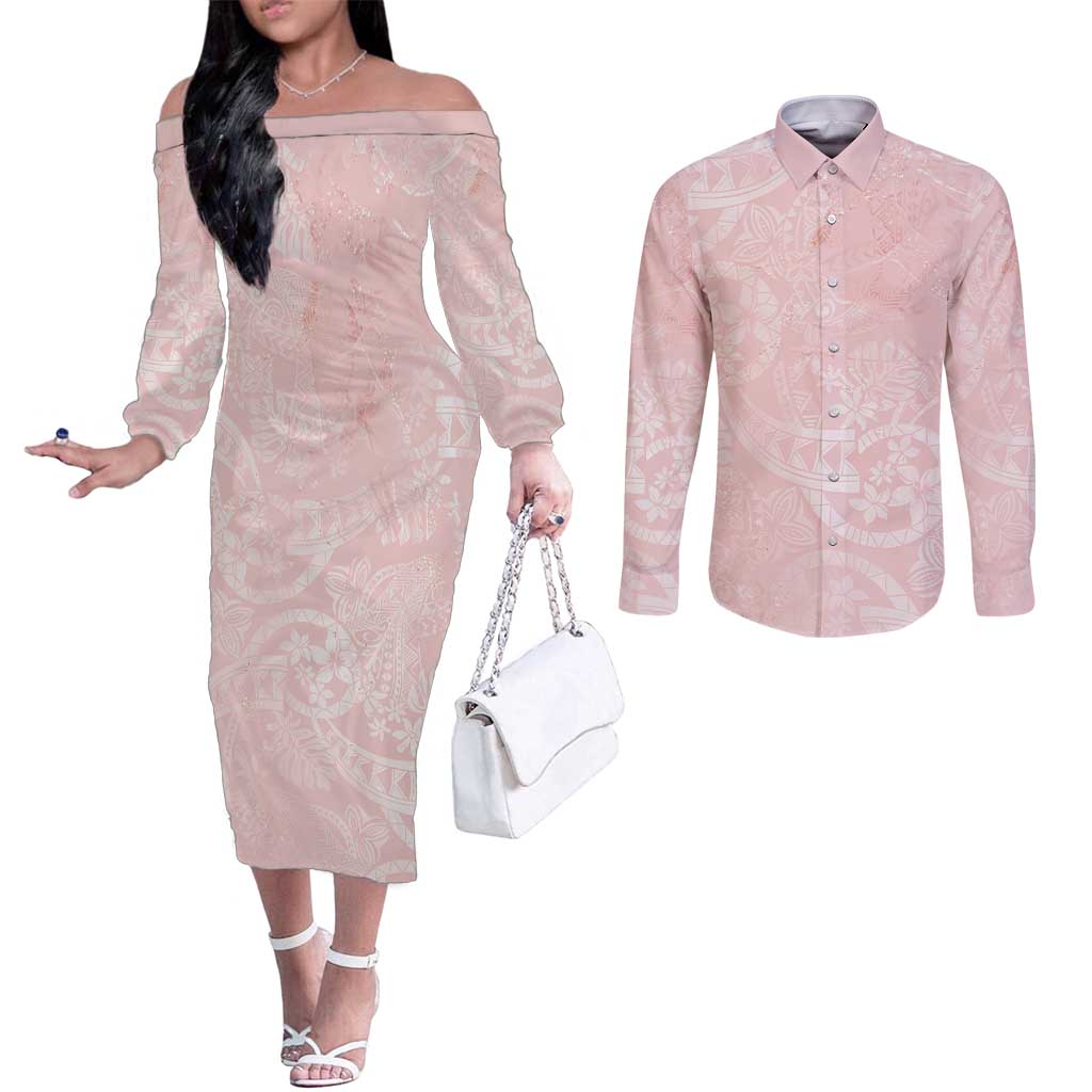 Polynesian Tiare Monstera Soft Pink Couples Matching Off The Shoulder Long Sleeve Dress and Long Sleeve Button Shirt Liquid Style LT01 Pink - Polynesian Pride