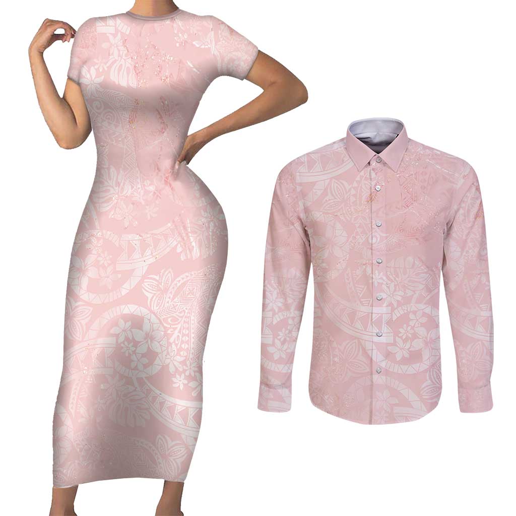 Polynesian Tiare Monstera Soft Pink Couples Matching Short Sleeve Bodycon Dress and Long Sleeve Button Shirt Liquid Style LT01 Pink - Polynesian Pride
