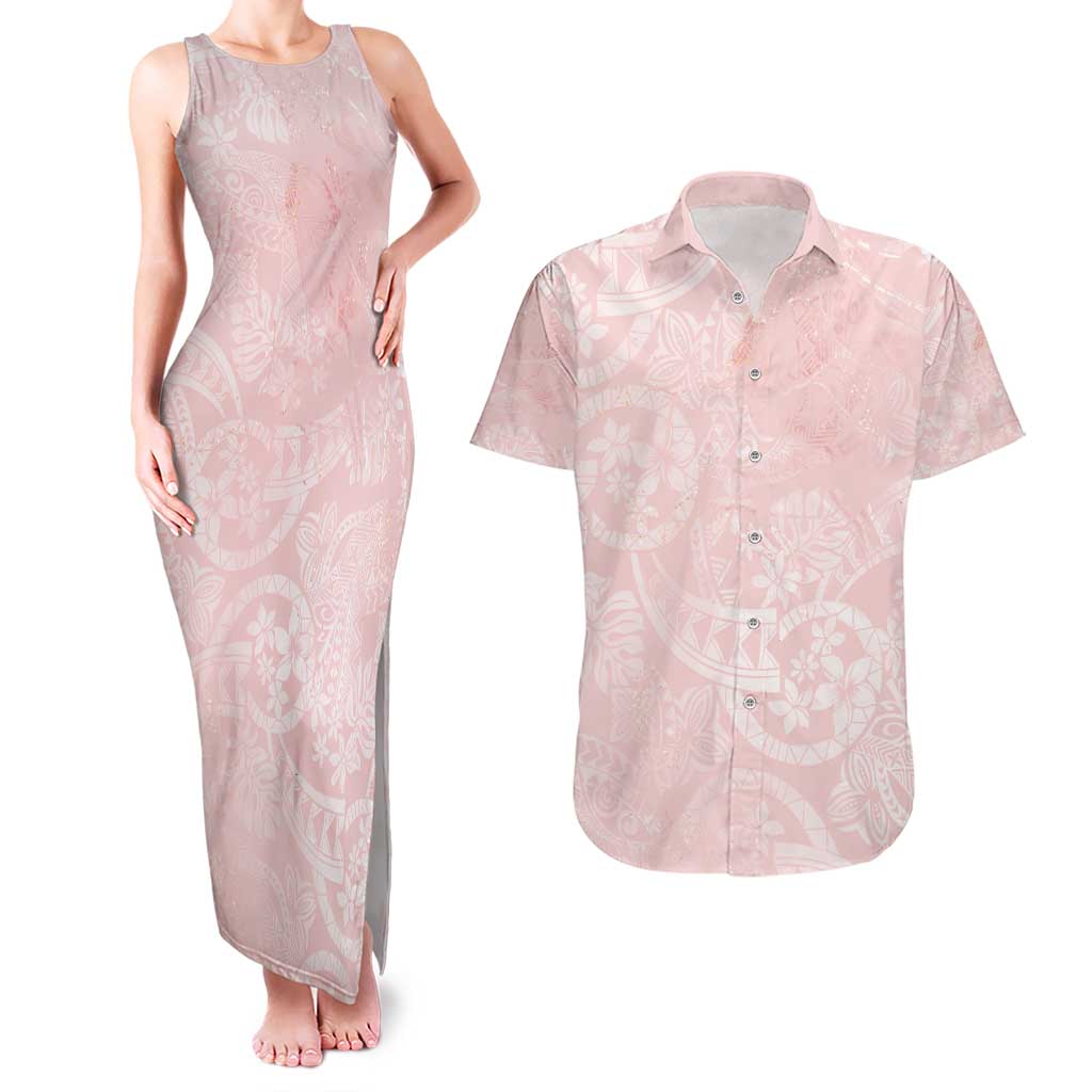 Polynesian Tiare Monstera Soft Pink Couples Matching Tank Maxi Dress and Hawaiian Shirt Liquid Style LT01 Pink - Polynesian Pride