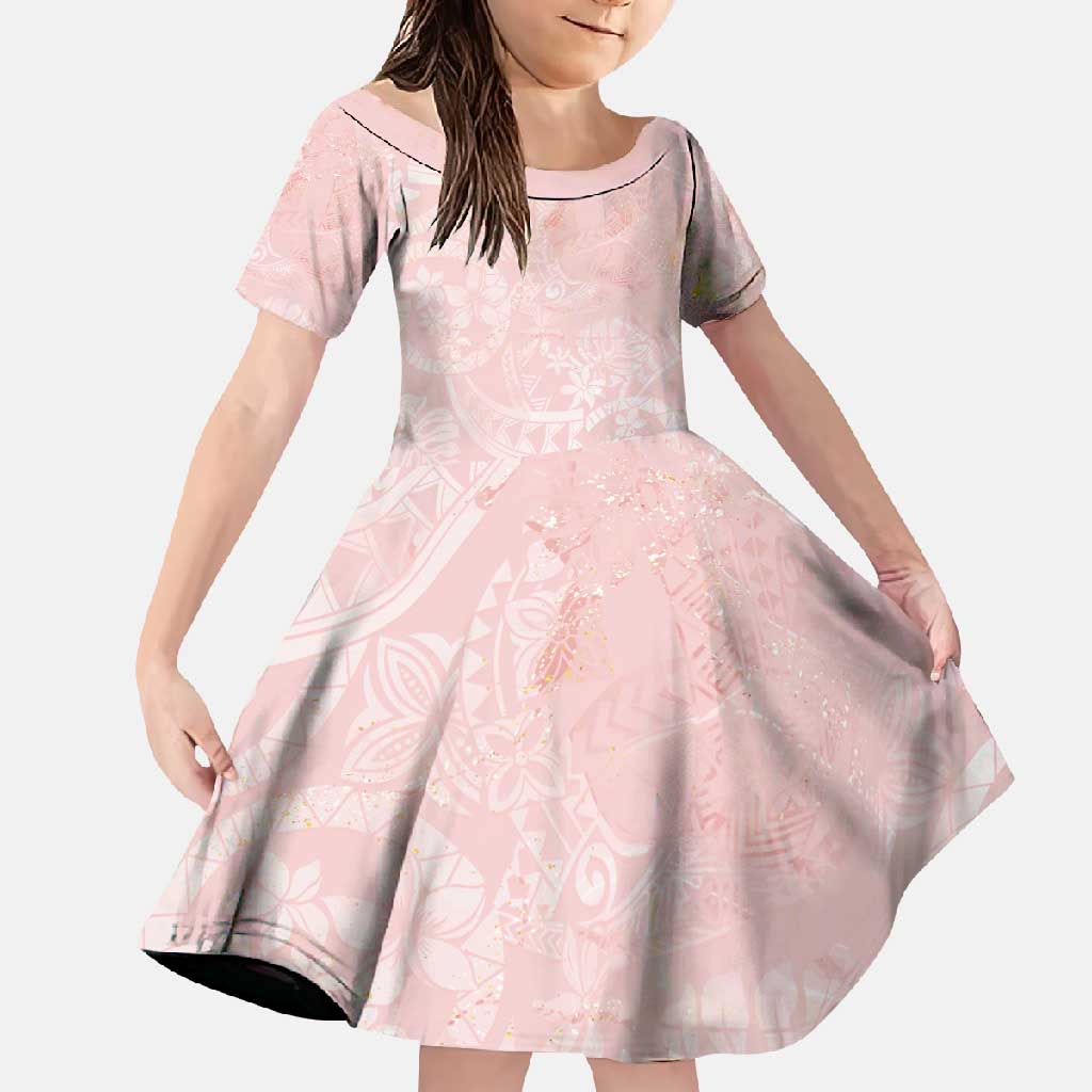 Polynesian Tiare Monstera Soft Pink Family Matching Long Sleeve Bodycon Dress and Hawaiian Shirt Liquid Style LT01 Daughter's Dress Pink - Polynesian Pride