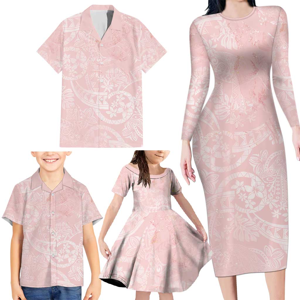 Polynesian Tiare Monstera Soft Pink Family Matching Long Sleeve Bodycon Dress and Hawaiian Shirt Liquid Style LT01 - Polynesian Pride