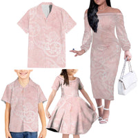 Polynesian Tiare Monstera Soft Pink Family Matching Off The Shoulder Long Sleeve Dress and Hawaiian Shirt Liquid Style LT01 - Polynesian Pride