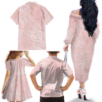 Polynesian Tiare Monstera Soft Pink Family Matching Off The Shoulder Long Sleeve Dress and Hawaiian Shirt Liquid Style LT01 - Polynesian Pride