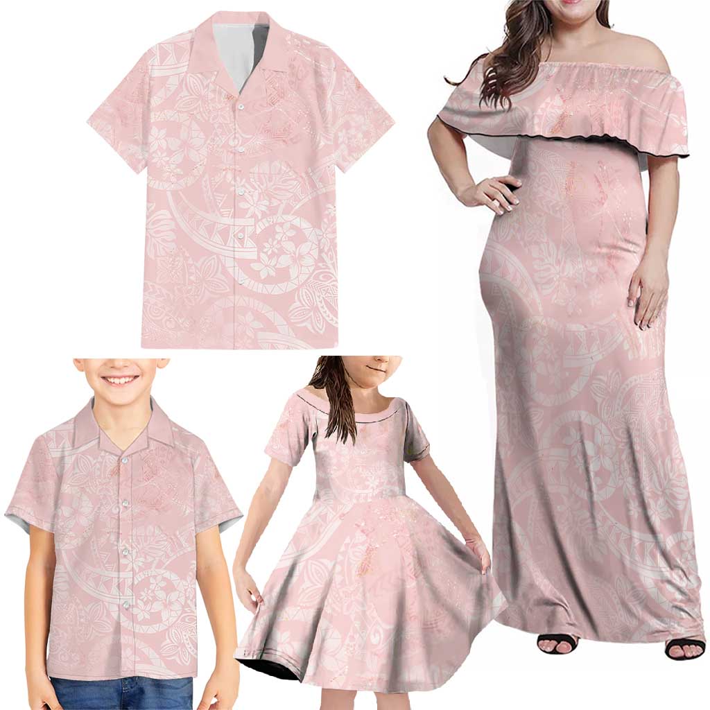 Polynesian Tiare Monstera Soft Pink Family Matching Off Shoulder Maxi Dress and Hawaiian Shirt Liquid Style LT01 - Polynesian Pride