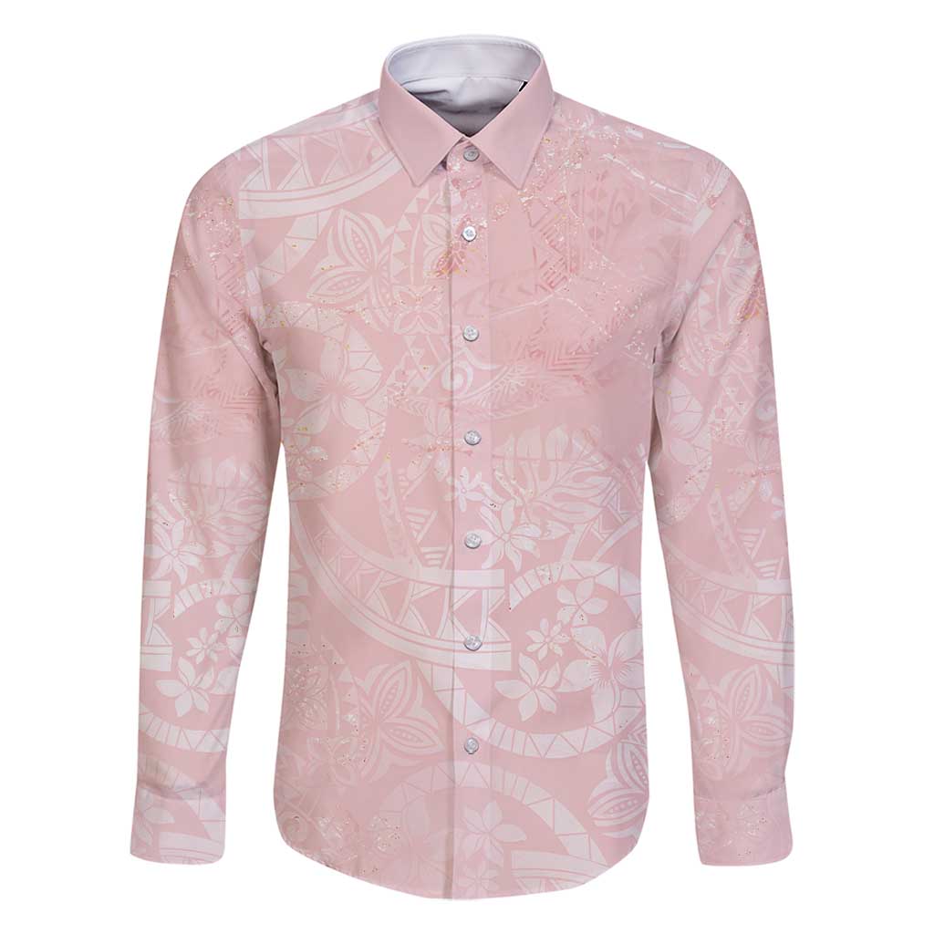 Polynesian Tiare Monstera Soft Pink Family Matching Off Shoulder Maxi Dress and Hawaiian Shirt Liquid Style - Polynesian Pride