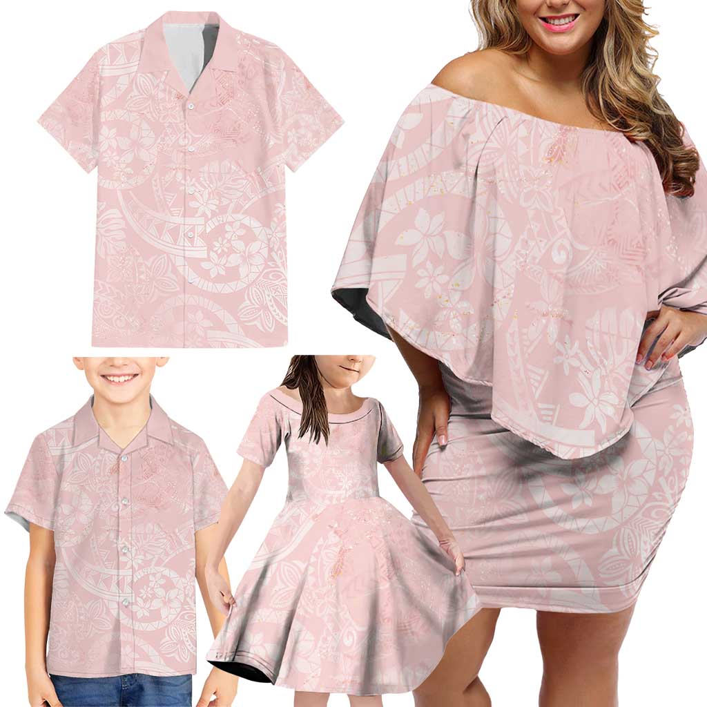 Polynesian Tiare Monstera Soft Pink Family Matching Off Shoulder Short Dress and Hawaiian Shirt Liquid Style LT01 - Polynesian Pride