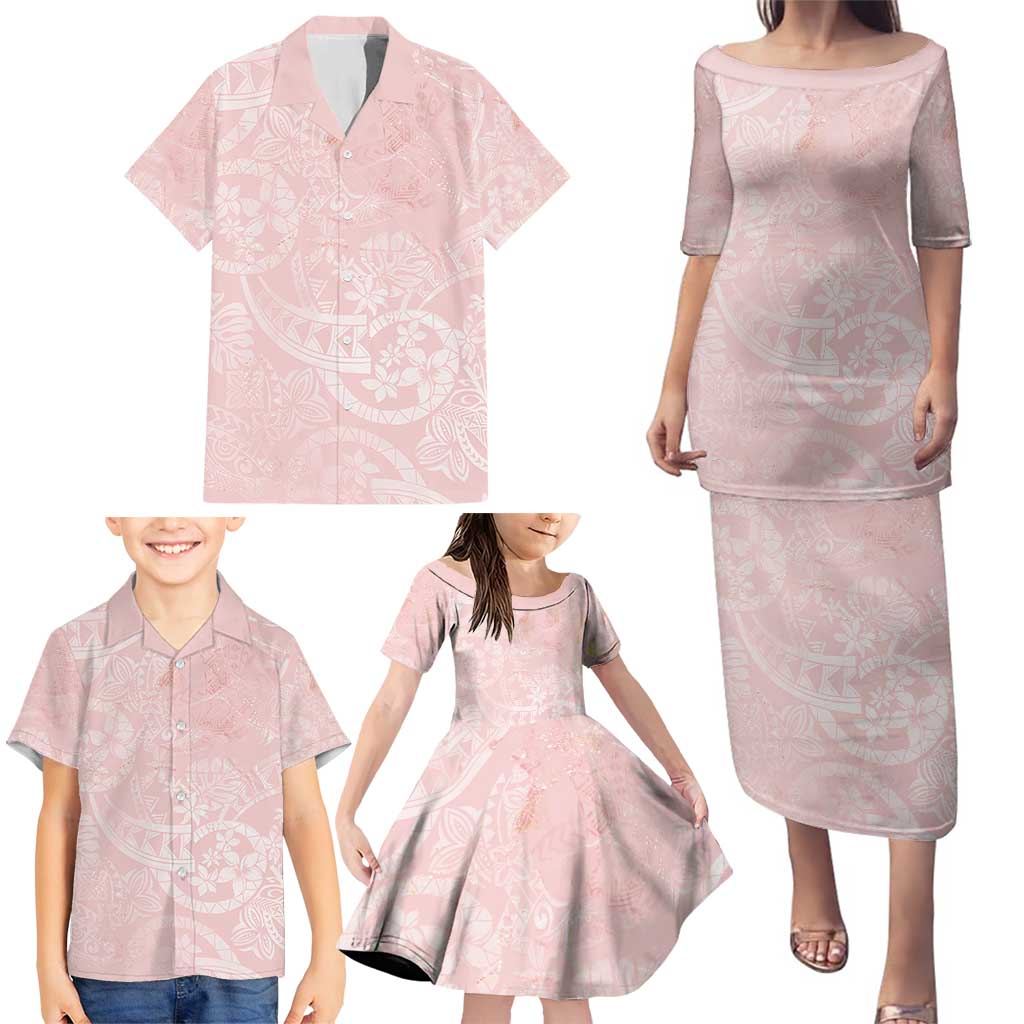 Polynesian Tiare Monstera Soft Pink Family Matching Puletasi and Hawaiian Shirt Liquid Style - Polynesian Pride