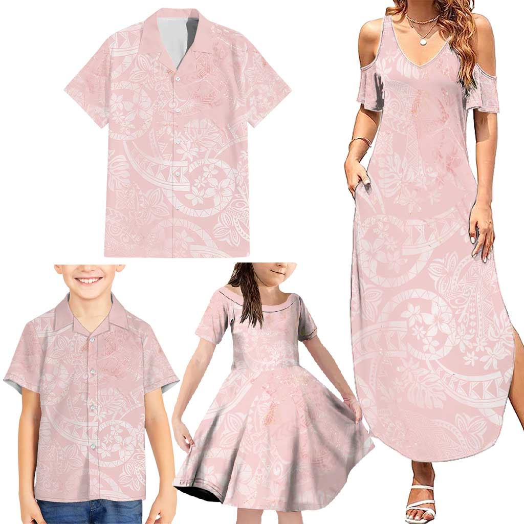 Polynesian Tiare Monstera Soft Pink Family Matching Summer Maxi Dress and Hawaiian Shirt Liquid Style LT01 - Polynesian Pride