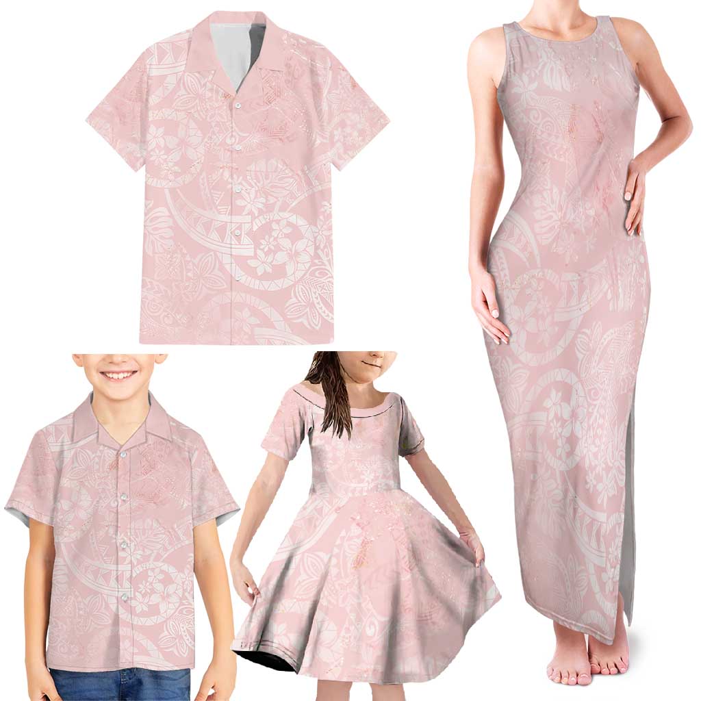 Polynesian Tiare Monstera Soft Pink Family Matching Tank Maxi Dress and Hawaiian Shirt Liquid Style LT01 - Polynesian Pride