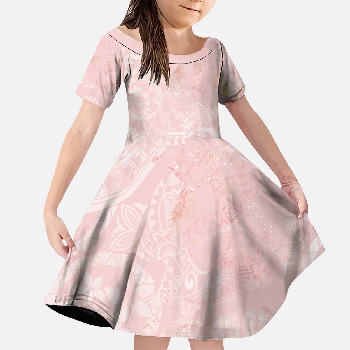 Polynesian Tiare Monstera Soft Pink Kid Short Sleeve Dress Liquid Style - Polynesian Pride