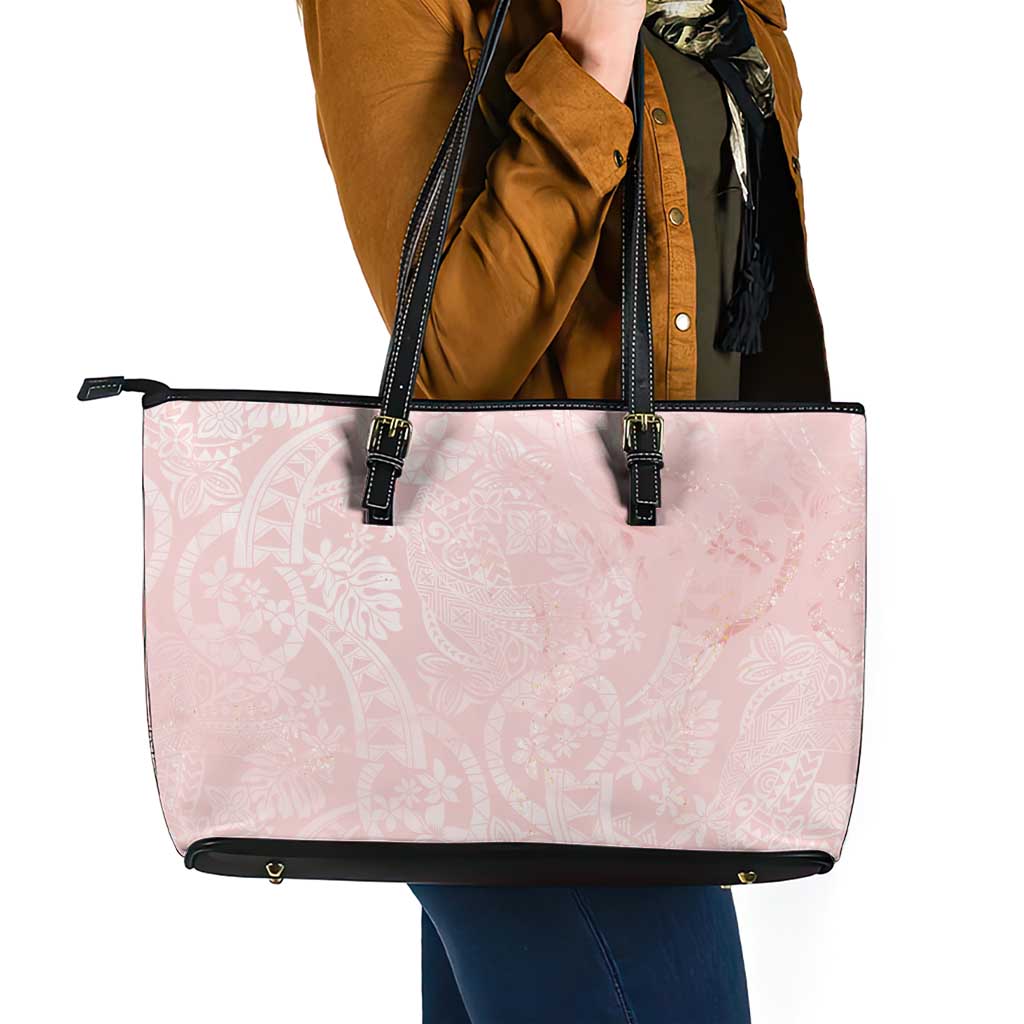 Polynesian Tiare Monstera Soft Pink Leather Tote Bag Liquid Style - Polynesian Pride