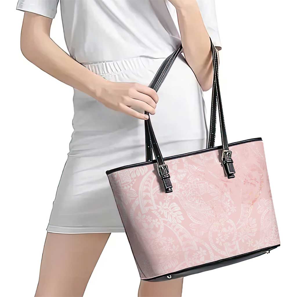 Polynesian Tiare Monstera Soft Pink Leather Tote Bag Liquid Style - Polynesian Pride