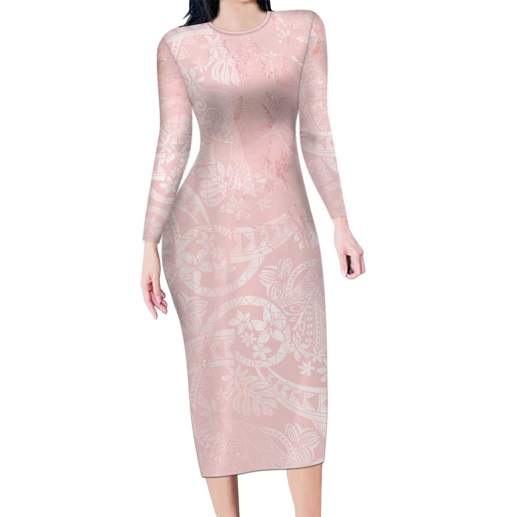 Polynesian Tiare Monstera Soft Pink Long Sleeve Bodycon Dress Liquid Style - Polynesian Pride