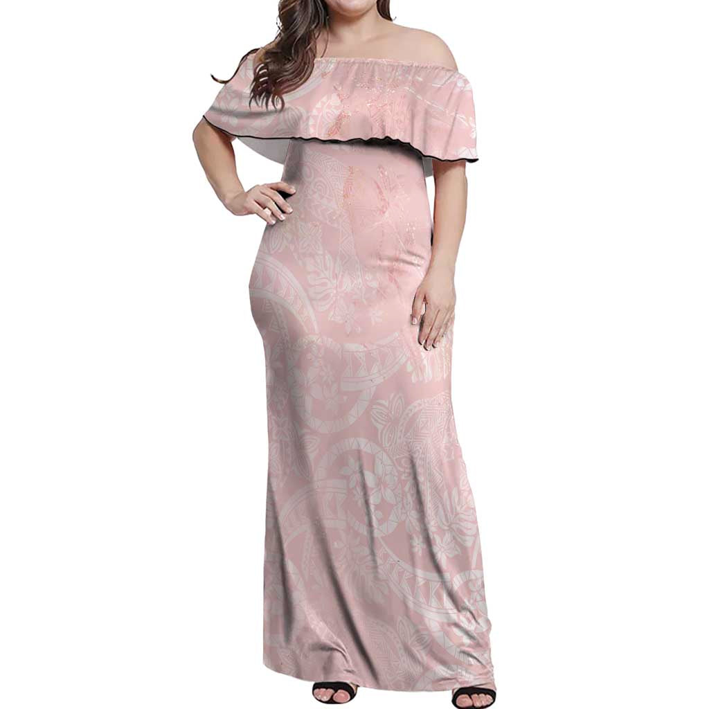 Polynesian Tiare Monstera Soft Pink Off Shoulder Maxi Dress Liquid Style LT01 Women Pink - Polynesian Pride