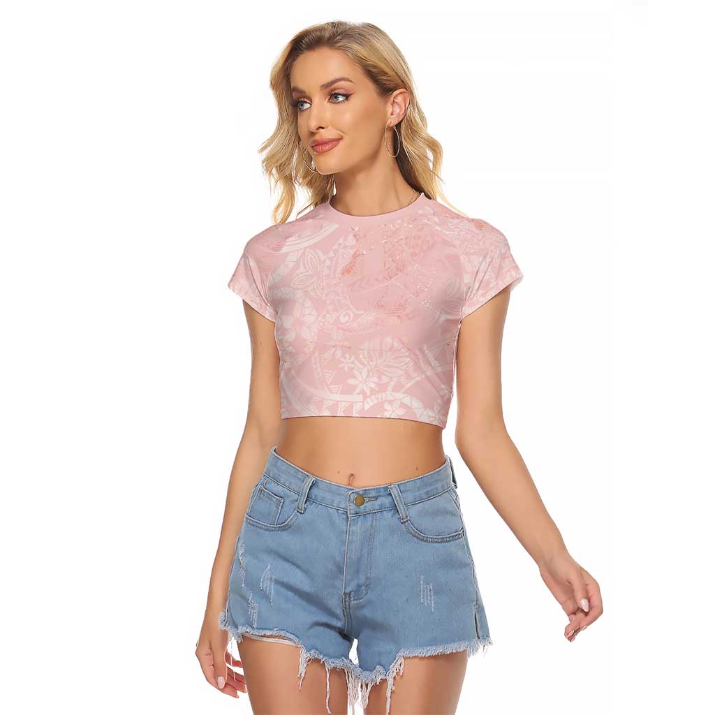 Polynesian Tiare Monstera Soft Pink Raglan Cropped T Shirt Liquid Style - Polynesian Pride