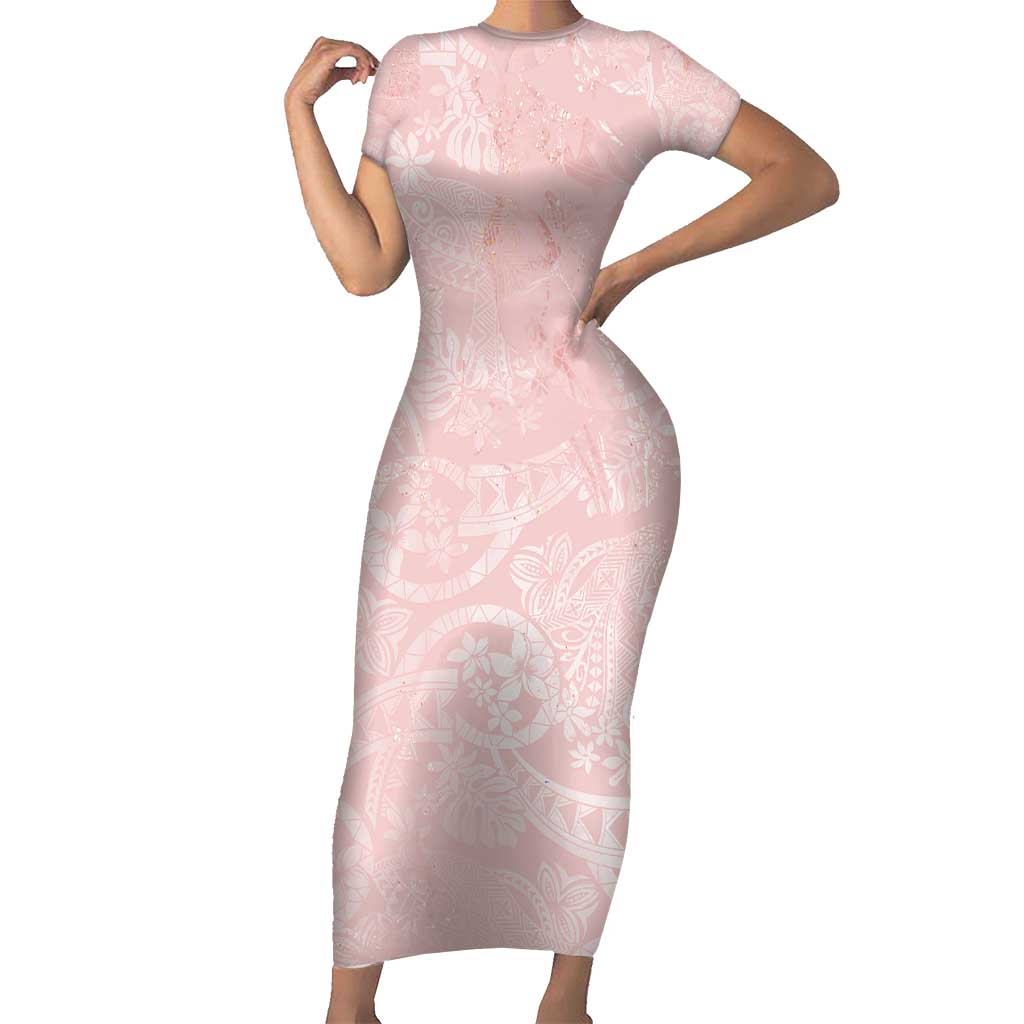 Polynesian Tiare Monstera Soft Pink Short Sleeve Bodycon Dress Liquid Style LT01 Long Dress Pink - Polynesian Pride