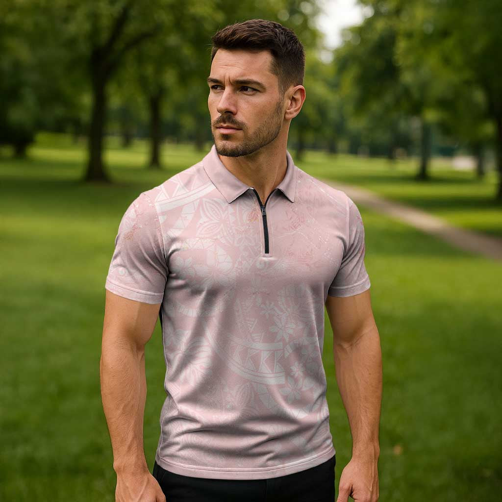 Polynesian Tiare Monstera Soft Pink Zipper Polo Shirt Liquid Style - Polynesian Pride