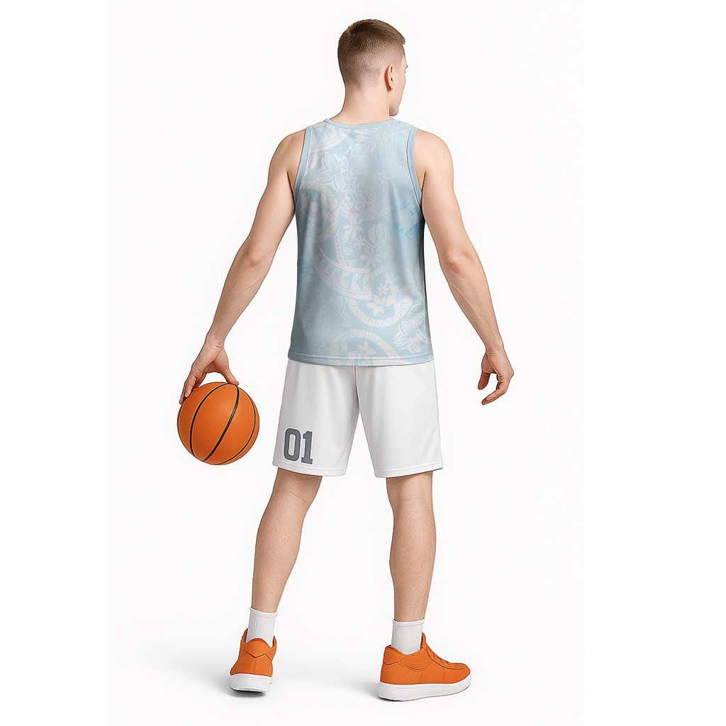 Polynesian Tiare Monstera Baby Blue Basketball Jersey Liquid Style - Polynesian Pride