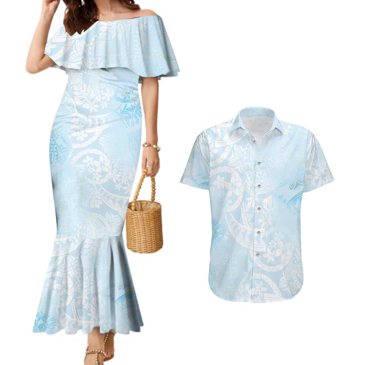 Polynesian Tiare Monstera Baby Blue Couples Matching Mermaid Dress and Hawaiian Shirt Liquid Style LT01 Blue - Polynesian Pride