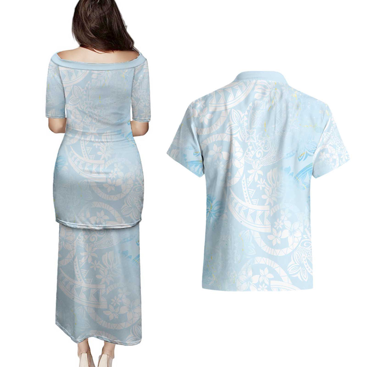 Polynesian Tiare Monstera Baby Blue Couples Matching Puletasi and Hawaiian Shirt Liquid Style - Polynesian Pride